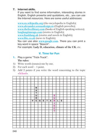 240
7. Internet skills.
If you want to find some information, interesting stories in
English, English proverbs and quotations, etc., you can use
the Internet resources. Here are some useful addresses:
www.en.wikipedia.org (the encyclopedia in English);
www.alexander.sensusdesign.ru (English proverbs);
www.thefreelibrary.com (books of English speaking writers);
longlongtimeago.com (stories in English);
www.franklang.uk (stories and novels in English);
www.bbc.co.uk (news in English);
You can use also www.google.com. There you can print a
key word in space “Search”.
For example: Lady D, education, climate of the UK, etc.
V. Time for Fun
1. Play a game "Trick Truck".
The rules:
1) Write words (nouns) one by one.
2) For each word – 1 point.
3) Add 2 points if you write the word concerning to the topic
«School».
N
A
T
U S
R U
V E G E T A B L E
J
E
C
T
 