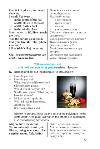 43
One ticket, please, for the next
showing.
I would like seats ...
– in the centre of the hall
– a little closer to the front
– a little further back
– in the middle block
How much is it?/How much
are they?
Will the curtain go up soon?
Did you like the film (show,
concert)?
I liked (didn’t like) the acting.
Oh! The concert was a great suc
cess! It was excellent.
Один білет на наступний
сеанс, будь ласка.
Я хотів би місця
– у центрі зали
– трохи ближче
– подалі
– у середньому ряду
Скільки він/вони коштує
(коштують)?
Скоро розпочнеться вистава?
Вам сподобався фільм
(вистава, концерт)?
Мені (не) сподобалась гра
акторів.
О! Концерт мав велечезний
успіх. Він був чудовий.
Tell me what you eat
and I will tell you what you are (Brillat Savarin)
5. a)Read and act out the dialogue “In McDonald’s”.
— How do you do?
— How do you do?
— What would you like to order?
— Cheeseburger, please.
— Would you like any drink?
— Small Coke, please. What do you
have for dessert?
— Milkshake and apple pie.
— Well. I’d love to have some.
— Anything else?
— It’s enough, thank you.
b)Work in groups. Make up and act out the polylogue “In the
restaurant”. One pupil is a waiter, the others are customers.
Use the following sentences:
May we have the menu?
We are not ready to order yet.
Please, bring one more chair
(napkin, spoon, fork, knife).
Дайте меню, будь ласка.
Ми ще не готові замовити.
Будь ласка, принесіть ще один
стілець (серветку, ложку, ви
делку, ніж).
 