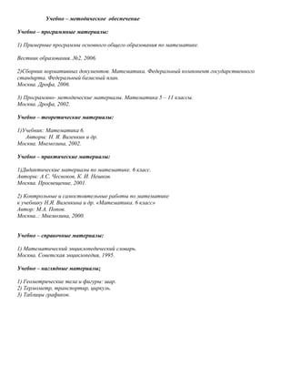 Учебно – методическое обеспечение

Учебно – программные материалы:

1) Примерные программы основного общего образования по математике.

Вестник образования. №2, 2006.

2)Сборник нормативных документов. Математика. Федеральный компонент государственного
стандарта. Федеральный базисный план.
Москва. Дрофа, 2006.

3) Программно- методические материалы. Математика 5 – 11 классы.
Москва. Дрофа, 2002.

Учебно – теоретические материалы:

1)Учебник: Математика 6.
   Авторы: Н. Я. Виленкин и др.
Москва. Мнемозина, 2002.

Учебно – практические материалы:

1)Дидактические материалы по математике. 6 класс.
Авторы: А.С. Чесноков, К. И. Нешков.
Москва. Просвещение, 2001.

2) Контрольные и самостоятельные работы по математике
к учебнику Н.Я. Виленкина и др. «Математика. 6 класс»
Автор: М.А. Попов.
Москва..: Мнемозина, 2000.


Учебно – справочные материалы:

1) Математический энциклопедический словарь.
Москва. Советская энциклопедия, 1995.

Учебно – наглядные материалы:

1) Геометрические тела и фигуры: шар.
2) Термометр, транспортир, циркуль.
3) Таблицы графиков.
 