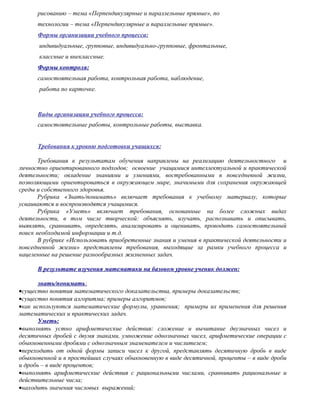 рисованию – тема «Перпендикулярные и параллельные прямые», по
      технологии – тема «Перпендикулярные и параллельные прямые».
      Формы организации учебного процесса:
      индивидуальные, групповые, индивидуально-групповые, фронтальные,
      классные и внеклассные.
      Формы контроля:
      самостоятельная работа, контрольная работа, наблюдение,
      работа по карточке.



      Виды организации учебного процесса:
      самостоятельные работы, контрольные работы, выставка.


      Требования к уровню подготовки учащихся:

       Требования к результатам обучения направлены на реализацию деятельностного и
личностно ориентированного подходов; освоение учащимися интеллектуальной и практической
деятельности; овладение знаниями и умениями, востребованными в повседневной жизни,
позволяющими ориентироваться в окружающем мире, значимыми для сохранения окружающей
среды и собственного здоровья.
       Рубрика «Знать/понимать» включает требования к учебному материалу, которые
усваиваются и воспроизводятся учащимися.
       Рубрика «Уметь» включает требования, основанные на более сложных видах
деятельности, в том числе творческой: объяснять, изучать, распознавать и описывать,
выявлять, сравнивать, определять, анализировать и оценивать, проводить самостоятельный
поиск необходимой информации и т.д.
       В рубрике «Использовать приобретенные знания и умения в практической деятельности и
повседневной жизни» представлены требования, выходящие за рамки учебного процесса и
нацеленные на решение разнообразных жизненных задач.

      В результате изучения математики на базовом уровне ученик должен:

       знать/понимать:
•существо понятия математического доказательства, примеры доказательств;
•существо понятия алгоритма; примеры алгоритмов;
•как используются математические формулы, уравнения; примеры их применения для решения
математических и практических задач.
       Уметь:
•выполнять устно арифметические действия: сложение и вычитание двузначных чисел и
десятичных дробей с двумя знаками, умножение однозначных чисел, арифметические операции с
обыкновенными дробями с однозначным знаменателем и числителем;
•переходить от одной формы записи чисел к другой, представлять десятичную дробь в виде
обыкновенной и в простейших случаях обыкновенную в виде десятичной, проценты – в виде дроби
и дробь – в виде процентов;
•выполнять арифметические действия с рациональными числами, сравнивать рациональные и
действительные числа;
•находить значения числовых выражений;
 
