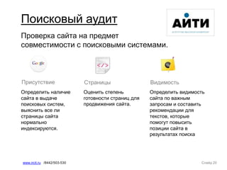 Слайд 20www.ircit.ru /8442/503-530
Поисковый аудит
Проверка сайта на предмет
совместимости с поисковыми системами.
Определить наличие
сайта в выдаче
поисковых систем,
выяснить все ли
страницы сайта
нормально
индексируются.
Оценить степень
готовности страниц для
продвижения сайта.
Присутствие Страницы
Определить видимость
сайта по важным
запросам и составить
рекомендации для
текстов, которые
помогут повысить
позиции сайта в
результатах поиска
Видимость
 