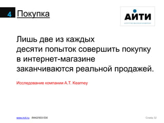 Слайд 32www.ircit.ru /8442/503-530
Покупка4
Лишь две из каждых
десяти попыток совершить покупку
в интернет-магазине
заканчиваются реальной продажей.
Исследование компании A.T. Kearney
 