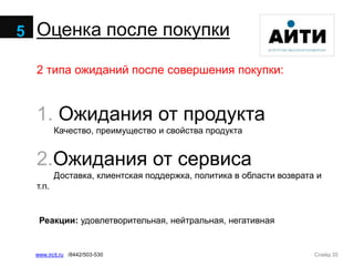 Слайд 35www.ircit.ru /8442/503-530
Оценка после покупки5
2 типа ожиданий после совершения покупки:
1. Ожидания от продукта
Качество, преимущество и свойства продукта
2.Ожидания от сервиса
Доставка, клиентская поддержка, политика в области возврата и
т.п.
Реакции: удовлетворительная, нейтральная, негативная
 