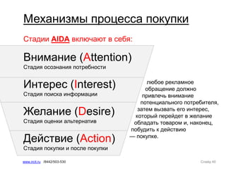 Слайд 40www.ircit.ru /8442/503-530
Механизмы процесса покупки
Стадии AIDA включают в себя:
Внимание (Attention)
Стадия осознания потребности
Интерес (Interest)
Стадия поиска информации
Желание (Desire)
Стадия оценки альтернатив
Действие (Action)
Стадия покупки и после покупки
любое рекламное
обращение должно
привлечь внимание
потенциального потребителя,
затем вызвать его интерес,
который перейдет в желание
обладать товаром и, наконец,
побудить к действию
— покупке.
 