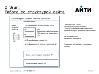 Слайд 7www. i r ci t . r u / 8442/ 503- 530
2 Этап:
Работа со струк турой сайта
<h1>Интернет магазин <чего-то там></h1>
Основное меню
Меню
каталога
товаров
<ul>
<li>….</li>
<li>….</li>
<li>….</li>
</ul>
<h2>Название и модель товара </h2>
Alt=
“наименование”
title=
“наименование”
<p>
Описание товара не менее
500 символов, уникальное
</p>
<p>Спецификации товара</p>
<p>Информация об оплате и доставке</p>
Блок с этим товаром покупают <li>
Блок похожие товары <li>
Обязательно в <head>
Должен быть прописан <title>
Полным названием товара из группы
в рамках которой продвигается страница
Не забывайте про
Keywords и description
Правильно оформляйте ссылочные
группы
 