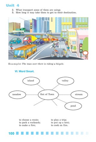 100
Unit 4
2. What transport some of them are using;
3. How long it may take them to get to their destination.
E x a m p l e: The man over there is riding a bicycle.
VI. Word Smart.
valley
pond
island
streammeadow Out of Town
to choose a route; to plan a trip;
to pack a rucksack; to put up a tent;
to make a fire; to cook on fire.
Kalinina_AM-Sp_6eng_(138-13)_v.indd 100Kalinina_AM-Sp_6eng_(138-13)_v.indd 100 30.05.2014 12:44:3430.05.2014 12:44:34
 