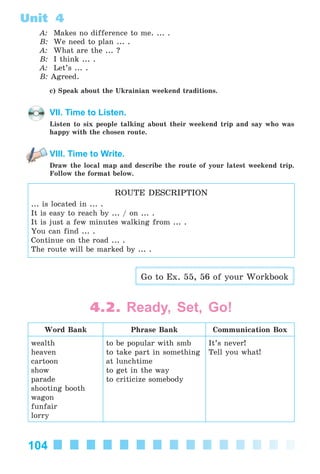 104
Unit 4
A: Makes no difference to me. ... .
B: We need to plan ... .
A: What are the ... ?
B: I think ... .
A: Let’s ... .
B: Agreed.
c) Speak about the Ukrainian weekend traditions.
VII. Time to Listen.
Listen to six people talking about their weekend trip and say who was
happy with the chosen route.
VIII. Time to Write.
Draw the local map and describe the route of your latest weekend trip.
Follow the format below.
ROUTE DESCRIPTION
... is located in ... .
It is easy to reach by ... / on ... .
It is just a few minutes walking from ... .
You can find ... .
Continue on the road ... .
The route will be marked by ... .
Go to Ex. 55, 56 of your Workbook
4.2. Ready, Set, Go!
Word Bank Phrase Bank Communication Box
wealth
heaven
cartoon
show
parade
shooting booth
wagon
funfair
lorry
to be popular with smb
to take part in something
at lunchtime
to get in the way
to criticize somebody
It’s never!
Tell you what!
Kalinina_AM-Sp_6eng_(138-13)_v.indd 104Kalinina_AM-Sp_6eng_(138-13)_v.indd 104 30.05.2014 12:44:3430.05.2014 12:44:34
 