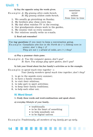 14
Unit 1
b) Say the opposite using the words given.
E x a m p l e: A: My granny often cooks borsch.
B: My granny seldom cooks borsch.
1. We usually go picnicking on Sunday.
2. My brothers play chess every day.
3. My dad often watches TV in the evening.
4. Our grandparents always work in the garden.
5. My cousins visit us every summer.
6. Our relatives usually write us e-mails.
2. Read and remember!
Use tag questions if you want to keep a conversation going.
E x a m p l e: Canadians who live in the North do (+) fishing even in
winter, don’ t they (-)?
They are not (-) afraid of colds, are (+) they?
a) Play a grammar chain game.
E x a m p l e: A: You like computer games, don’t you?
B: Sure. You always play sport games, don’t you?
b) Ask your friend about his/her family’s activities as in the example.
E x a m p l e: to spend much time together →
Your family members spend much time together, don’t they?
1. to go to the seaside every summer;
2. to have a family reunion;
3. to visit their relatives;
4. to take part in sport activities;
5. to keep their family traditions;
6. to help each other out.
IV. Word Smart
1. Study these words and word-combinations and speak about:
a) everyday lifestyle of your family.
• traditionally
• to be the heart of something
• to help somebody out
• to be digital natives
E x a m p l e: Traditionally, all members of my family get up early.
sometimes
never
seldom
from time to time
Kalinina_AM-Sp_6eng_(138-13)_v.indd 14Kalinina_AM-Sp_6eng_(138-13)_v.indd 14 30.05.2014 12:44:2130.05.2014 12:44:21
 