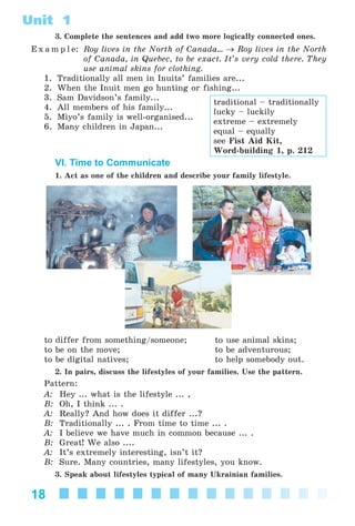 18
Unit 1
3. Complete the sentences and add two more logically connected ones.
E x a m p l e: Roy lives in the North of Canada... → Roy lives in the North
of Canada, in Quebec, to be exact. It’s very cold there. They
use animal skins for clothing.
1. Traditionally all men in Inuits’ families are...
2. When the Inuit men go hunting or fishing...
3. Sam Davidson’s family...
4. All members of his family...
5. Miyo’s family is well-organised...
6. Many children in Japan...
VI. Time to Communicate
1. Act as one of the children and describe your family lifestyle.
to differ from something/someone; to use animal skins;
to be on the move; to be adventurous;
to be digital natives; to help somebody out.
2. In pairs, discuss the lifestyles of your families. Use the pattern.
Pattern:
A: Hey ... what is the lifestyle ... ,
B: Oh, I think ... .
A: Really? And how does it differ ...?
B: Traditionally ... . From time to time ... .
A: I believe we have much in common because ... .
B: Great! We also ....
A: It’s extremely interesting, isn’t it?
B: Sure. Many countries, many lifestyles, you know.
3. Speak about lifestyles typical of many Ukrainian families.
traditional – traditionally
lucky – luckily
extreme – extremely
equal – equally
see Fist Aid Kit,
Word-building 1, p. 212
Kalinina_AM-Sp_6eng_(138-13)_v.indd 18Kalinina_AM-Sp_6eng_(138-13)_v.indd 18 30.05.2014 12:44:2230.05.2014 12:44:22
 