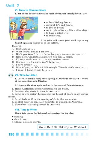 190
Unit 7
VI. Time to Communicate
1. Act as one of the children and speak about your lifelong dream. Use:
• to be a lifelong dream;
• cultural do’s and don’ts;
• to feel at home;
• not to behave like a bull in a china shop;
• to have a mind trip;
• to come true.
2. In pairs, talk about your mind trip to any
English-speaking country as in the pattern.
Pattern:
A: Gee! Look at ... .
B: What do you mean? I can see ... .
A: Don’t you know? In ... . So, as language learners, we can ... .
B: Now I see. Congratulations! Now you can ... easily.
A: I’d very much love to. ... is my life-time dream.
B: One day ... , I’m sure. You’d better ... .
A: I have already ... .
B: Good of you, but it’s not half enough. There is much more to ... .
A: I know, I know. It will help ... .
VII. Time to Listen
1. Listen to Sarah’s story about spring in Australia and say if it comes
at the same time as in Ukraine.
2. Listen to the story again and mark the true and false statements.
1. Many Australians spend Christmas on the beach.
2. Summer also starts in June in Australia.
3. Sarah enjoys spring, because she can be out of doors in any spring
month.
4. Sarah feels as if in the country of Oz in the mountains.
5. Central desert is especially beautiful in autumn in Australia.
6. November is a spring month in Australia.
VIII. Time to Write
Plan a trip to any English-speaking country. Use the plan:
• country;
• place to see;
• cultural do’s and don’ts.
Go to Ex. 103, 104 of your Workbook
Kalinina_AM-Sp_6eng_(138-13)_v.indd 190Kalinina_AM-Sp_6eng_(138-13)_v.indd 190 30.05.2014 12:44:4830.05.2014 12:44:48
 