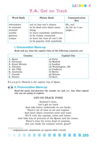 205
lesson 4
7.4. Get on Track
Word Bank Phrase Bank Communication
Box
televiewers
to examine
oriental
marble
genious
unique
not to lose one’s chance
to be dead sure about some-
thing
to leave somebody indifferent
to be closely connected
to have the time of one’s life
to be popular with somebody
Oh, my!
As far as I can
judge...
I. Conversation Warm-up
Read and say what the capital cities of the following countries are:
Country Capital City
1. Spain
2. Germany
3. Great Britain
4. Ukraine
5. the USA
6. Australia
7. Canada
8. France
a) Paris
b) Madrid
c) London
d) Washington, DC
e) Canberra
f) Berlin
g) Ottawa
h) Kyiv
E x a m p l e: Madrid is the capital city of Spain.
II. Pronunciation Warm-up
Read the poem and practise: the sounds /{/ and /O:/. Say what capital
city you are going to explore.
GET-ON-TRACK POEM
Summer’s here,
Let’s get on track
And take heavy rucktracks on our backs.
There’s lot of time to set and explore
And learn about countries more and more.
We’ll visit the capitals, cities and towns.
And take lots of pictures of the Queen and the crown.
There’s time for every kind of surprise.
Are you ready for summer travel, guys?1
1 íåôîðìàëüíå çâåðíåííÿ äî äðóçіâ îáîõ ñòàòåé
Kalinina_AM-Sp_6eng_(138-13)_v.indd 205Kalinina_AM-Sp_6eng_(138-13)_v.indd 205 30.05.2014 12:44:5030.05.2014 12:44:50
 