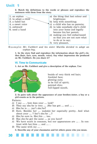 30
Unit 1
2. Match the definitions to the words or phrases and reproduce the
sentences with them from the story.
1. an orphan
2. to adopt a child
3. a faded hat
4. a sweet voice
5. awkward
6. need a hand
a) the thing that lost colour and
brightness;
b) help with something;
c) a child who has no parents;
d) to take somebody else’s child
into your home and legally
become his/her parent;
e) making you feel embarrassed
so that you are not sure what
to do or to say;
f) very pleasant.
E x a m p l e: Mr. Cuthbert and his sister Marilla decided to adopt an
orphan boy.
1. In the story find and reproduce the information about the girl’s clo-
thes (hair, face, eyes, mouth, voice). Say what impression she produced
on Mr. Cuthbert. Do you share it?
VI. Time to Communicate
1. Act as Mr. Cuthbert and give a description of the orphan. Use:
braids of very thick red hair;
freckled face;
glowing eyes;
to be full of spirit;
pointed chin;
full-lipped mouth.
2. In pairs talk about the appearance of your brother/sister, a boy or a
girl-cousin as in the pattern.
Pattern:
A: I say ... , how does your ... look?
B: They say she/he is very ... .She has got ... and ... .
A: She/he is ... ,isn’t she/he?
B: Sure. Besides her ... make(s) her especially pretty. And what
about your ... ? Isn’t she/he ...?
A: She/he sure is. Her/his ... too.
B: Has she/he got the same ... as you have?
A: We have much in common, but our appearances are ... . In con-
trast with her/him ... and ... .
B: The same with my ... .
3. Describe any of your classmates and let others guess who you mean.
Kalinina_AM-Sp_6eng_(138-13)_v.indd 30Kalinina_AM-Sp_6eng_(138-13)_v.indd 30 30.05.2014 12:44:2430.05.2014 12:44:24
 