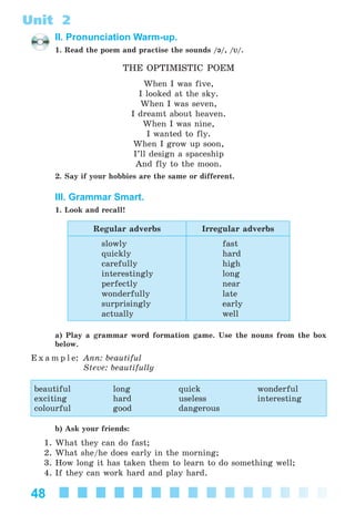48
Unit 2
II. Pronunciation Warm-up.
1. Read the poem and practise the sounds /@/, /V/.
THE OPTIMISTIC POEM
When I was five,
I looked at the sky.
When I was seven,
I dreamt about heaven.
When I was nine,
I wanted to fly.
When I grow up soon,
I’ll design a spaceship
And fly to the moon.
2. Say if your hobbies are the same or different.
III. Grammar Smart.
1. Look and recall!
Regular adverbs Irregular adverbs
slowly
quickly
carefully
interestingly
perfectly
wonderfully
surprisingly
actually
fast
hard
high
long
near
late
early
well
a) Play a grammar word formation game. Use the nouns from the box
below.
E x a m p l e: Ann: beautiful
Steve: beautifully
beautiful long quick wonderful
exciting hard useless interesting
colourful good dangerous
b) Ask your friends:
1. What they can do fast;
2. What she/he does early in the morning;
3. How long it has taken them to learn to do something well;
4. If they can work hard and play hard.
Kalinina_AM-Sp_6eng_(138-13)_v.indd 48Kalinina_AM-Sp_6eng_(138-13)_v.indd 48 30.05.2014 12:44:2630.05.2014 12:44:26
 