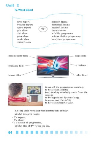 64
Unit 2
IV. Word Smart
news report comedy drama
weather report historical drama
sports report medical drama
quiz show drama series
chat show wildlife programme
game show science fiction programme
music show analytical programme
comedy show
TV
phantasy film
soap opera
cartoon
video film
documentary film
horror film
to see all the programmes running;
to be a couch potato;
(not) to drag somebody away from the
screen;
to be hypnotized by something;
to enjoy every bit of it;
to be to somebody’s taste.
1. Study these words and word-combinations and say:
a) what is your favourite:
– TV report;
– TV show;
– TV drama or programme.
b) what kind of TV viewer you are.
Kalinina_AM-Sp_6eng_(138-13)_v.indd 64Kalinina_AM-Sp_6eng_(138-13)_v.indd 64 30.05.2014 12:44:2930.05.2014 12:44:29
 