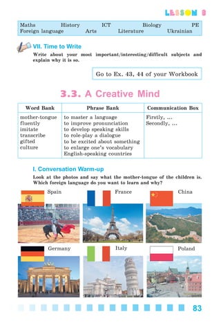 83
lesson 3
Maths History ICT Biology PE
Foreign language Arts Literature Ukrainian
VII. Time to Write
Write about your most important/interesting/difficult subjects and
explain why it is so.
Go to Ex. 43, 44 of your Workbook
3.3. A Creative Mind
Word Bank Phrase Bank Communication Box
mother-tongue
fluently
imitate
transcribe
gifted
culture
to master a language
to improve pronunciation
to develop speaking skills
to role-play a dialogue
to be excited about something
to enlarge one’s vocabulary
English-speaking countries
Firstly, ...
Secondly, ...
I. Conversation Warm-up
Look at the photos and say what the mother-tongue of the children is.
Which foreign language do you want to learn and why?
Spain France China
Italy PolandGermany
Kalinina_AM-Sp_6eng_(138-13)_v.indd 83Kalinina_AM-Sp_6eng_(138-13)_v.indd 83 30.05.2014 12:44:3230.05.2014 12:44:32
 