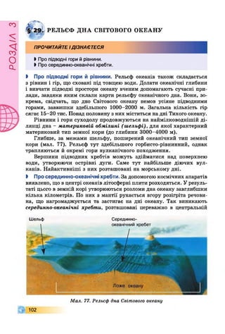 £УіУВОв
ф г а і р е л ь є ф д н а с в іт о в о г о о к е а н у
ПРОЧИТАЙТЕІДІЗНАЄТЕСЯ
І Про підводні гори й рівнини.
І Про серединно-океанічні хребти.
І Про підводні гори й рівнини. Рельєф океанів також складається
з рівнин і гір, що сховані під товщею води. Долати океанічні глибини
і вивчати підводні простори океану вченим допомагають сучасні при­
лади, завдяки яким склали карти рельєфу океанічного дна. Вони, зо­
крема, свідчать, що дно Світового океану немов усіяне підводними
горами, заввишки здебільшого 1000-2000 м. Загальна кількість гір
сягає 15-20 тис. Понад половину з них міститься на дні Тихого океану.
Рівнини і гори суходолу продовжуються на наймілководнішій ді­
лянці дна - материковій обмілині (шельфі), для якої характерний
материковий тип земної кори (до глибини 3000-4000 м).
Глибше, за межами шельфу, поширений океанічний тип земної
кори (мал. 77). Рельєф тут здебільшого горбисто-рівнинний, однак
трапляються й окремі гори вулканічного походження.
Вершини підводних хребтів можуть здійматися над поверхнею
води, утворюючи острівні дуги. Саме тут найбільше діючих вул­
канів. Найактивніші з них розташовані на морському дні.
І Про серединно-океанічні хребти. За допомогою космічних апаратів
виявлено, що в центрі океанів літосферні плити розходяться. У резуль­
таті цього в земній корі утворюються розломи дна океану завглибшки
кілька кілометрів. По них з мантії рухається вгору розігріта речови­
на, що нагромаджується та застигає на дні океану. Так виникають
серединно-океанічні хребти, розташовані переважно в центральній
Шельф Серединно-
Мал. 77. Рельєф дна Світового океану
102
 