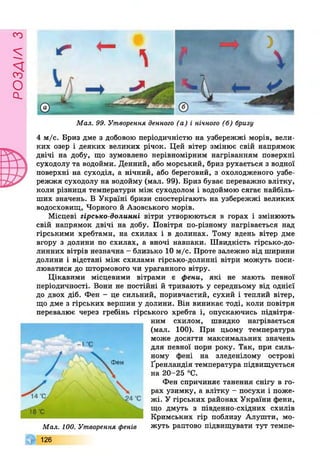 £ZlVSOd
Мал. 99. Утворення денного (а) і нічного (б) бризу
4 м/с. Бриз дме з добовою періодичністю на узбережжі морів, вели­
ких озер і деяких великих річок. Цей вітер змінює свій напрямок
двічі на добу, що зумовлено нерівномірним нагріванням поверхні
суходолу та водойми. Денний, або морський, бриз рухається з водної
поверхні на суходіл, а нічний, або береговий, з охолодженого узбе­
режжя суходолу на водойму (мал. 99). Бриз буває переважно влітку,
коли різниця температури між суходолом і водоймою сягає найбіль­
ших значень. В Україні бризи спостерігають на узбережжі великих
водосховищ, Чорного й Азовського морів.
Місцеві гірсько-долинні вітри утворюються в горах і змінюють
свій напрямок двічі на добу. Повітря по-різному нагрівається над
гірськими хребтами, на схилах і в долинах. Тому вдень вітер дме
вгору з долини по схилах, а вночі навпаки. Швидкість гірсько-до­
линних вітрів незначна - близько 10 м/с. Проте залежно від ширини
долини і відстані між схилами гірсько-долинні вітри можуть поси­
люватися до штормового чи ураганного вітру.
Цікавими місцевими вітрами є фени, які не мають певної
періодичності. Вони не постійні й тривають у середньому від однієї
до двох діб. Фен - це сильний, поривчастий, сухий і теплий вітер,
що дме з гірських вершин у долини. Він виникає тоді, коли повітря
перевалює через гребінь гірського хребта і, опускаючись підвітря­
ним схилом, швидко нагрівається
(мал. 100). При цьому температура
може досягти максимальних значень
для певної пори року. Так, при силь­
ному фені на зледенілому острові
Ґренландія температура підвищується
на 20-25 °С.
Фен спричиняє танення снігу в го­
рах узимку, а влітку - посухи і поже­
жі. У гірських районах України фени,
що дмуть з південно-східних схилів
Кримських гір поблизу Алушти, мо-
Мал. 100. Утворення фенів жуть раптово підвищувати тут темпе­
126
 