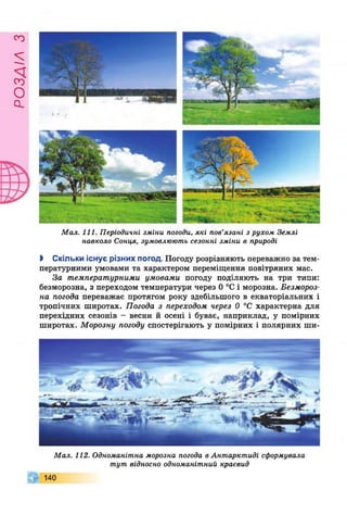 ГУіУЄОсУ
Мал. 111. Періодичні зміни погоди, які пов’язані з рухом Землі
навколо Сонця, зумовлюють сезонні зміни в природі
І Скільки існує різних погод. Погоду розрізняють переважно за тем­
пературними умовами та характером переміщення повітряних мас.
За температурними умовами погоду поділяють на три типи:
безморозна, з переходом температури через 0 °С і морозна. Безмороз­
на погода переважає протягом року здебільшого в екваторіальних і
тропічних широтах. Погода з переходом через 0 °С характерна для
перехідних сезонів - весни й осені і буває, наприклад, у помірних
широтах. Морозну погоду спостерігають у помірних і полярних ши-
Мал. 112. Одноманітна морозна погода в Антарктиді сформувала
тут відносно одноманітний краєвид
140
 