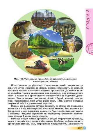 Мал. 184. Чинники, що призводять до руйнування середовища
життя рослин і тварин
Потяг людини до рідкісних і екзотичних речей, наприклад до
дорогого хутра і прикрас із кістки, щорічно призводить до загибелі
мільйонів тварин, які стають жертвою браконьєрів. До того ж вели­
ку кількість тварин виловлюють для зоопарків, для різноманітних
забав, а також для промислового використання та медичних дослі­
джень. Багато тварин, наприклад білий і бурий ведмеді, гепард,
тигр, трапляються нині дуже рідко (мал. 185). Значно потерпає
тваринний світ і від незаконної торгівлі.
Відомо, що родючість ґрунтів залежить не тільки від природних
чинників, а й від господарської діяльності людини. Так, вносячи до­
брива, вона може підвищити родючість ґрунтів або, навпаки, звести
її нанівець. Завдяки осушенню чи надмірному зрошенню розвива­
ється вітрова й водна ерозія ґрунтів.
Великої шкоди живим організмам завдає забруднення суходолу,
морів і океанів шкідливими відходами. Особливо небезпечними є
промислові відходи. Так, забруднення Середземного, Північного та
207
РОЗАІЛЗ
 