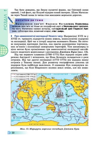 РОЗДІЛ
V - Так було доведено, що Земля кулястої форми, що Світовий океан
єдиний, і той факт, що Колумб відкрив новий материк. Шлях Магелла­
на через Тихий океан із часом став важливою морською дорогою.
НОТАТКИ ДО ТЕМИ
Вшанування пам’яті Фернана Ма ге ллін >. Мореплавець
залишив своє ім’я не тільки на географічній карті э Магеллановою протокою.
На честь Магеллана названі астероїд, найпівдбниший край Південної Аме­
рики, субполярні ліси, космічний апарат, птахіхмари.
І Про навколосвітні експедиції Нового часу. Наприкінці XVII та у
XVIII ст. тривають відкриття нових земель, навколосвітні подорожі
та експедиції. Цей час в історії людства називають Новим. На світо­
ве панування претендує Англія, яка прагне розширення торговель­
них зв’язків і колонізації заморських територій. Тож насамперед із
цією метою було організовано три навколосвітні експедиції англій­
ського видатного мореплавця і дослідника Джеймса Кука (мал. 13).
Під час першого плавання (1768-1771) Кук відкрив східне узбе­
режжя Австралії і встановив, що Нова Зеландія складається з двох
островів. Під час другої експедиції (1772-1775) він відкрив низку
островів у Тихому океані. Для розвитку географічних уявлень ця
подорож була найбільш важливою. З плавання Кук повернувся пе­
реконаним, що біля Південного полюса землі немає, але він поми­
лився.
ПІвнїчнеполярне
Чоло'
Північний
ІНДІЙСЬКИЙ
Підошмй]
'іропГїі. ' ІАВСТРАЛІЯ''
ОКЕАН
ОКЕАН
■1-шє плавання (1768-1771 рр.)
• 2-ге плавання (1772-1775 рр.)
- 3-тєплавання(1776-1780рр.)
/л> V ім
П І В Н І Ч Н И Й Л Ь О Д О В И Т И Й О К Е А Н
АТЛАНТИЧНИЙ
Південне полярне
ішло
22
Мал. 13. Маршрути морських експедицій Джеймса Кука
 