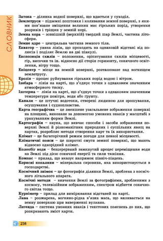 словник
Затока - ділянка водної поверхні, що вдається у суходіл.
Землетруси - підземні поштовхи і коливання земної поверхні, з яки­
ми пов’язане зміщення великих мас гірських порід, утворення
розривів і тріщин у земній корі.
Земна кора - зовнішній (верхній) твердий шар Землі, частина літо­
сфери.
Земне ядро - центральна частина земного тіла.
Екватор - уявна лінія, що проходить на однаковій відстані від по­
люсів і поділяє Землю на дві півкулі.
Експозиція схилів - положення, орієнтування схилів місцевості,
гір, височин та ін. відносно дії сторін горизонту, сонячного освіт­
лення, вітру тощо.
Епіцентр - місце на земній поверхні, розташоване над вогнищем
землетрусу.
Ерозія - процес руйнування гірських порід водою і вітром.
Ізобара - лінія на карті, що з’єднує точки з однаковим значенням
атмосферного тиску.
Ізотерма - лінія на карті, що з’єднує точки з однаковим значенням
температури повітря, води або ґрунту.
Канали - це штучні водотоки, створені людиною для зрошування,
осушування і судноплавства.
Карта географічна - це зменшене узагальнене зображення поверхні
на площині, виконане за допомогою умовних знаків у масштабі з
урахуванням форми Землі.
Картографія - наука, що вивчає способи і засоби зображення по­
верхні Землі й різноманітних природних і суспільних явищ на
картах, розробляє методи створення карт та їх використання.
Клімат - це багаторічний режим погоди для певної місцевості.
Кліматичні пояси - це широтні смуги земної поверхні, що мають
відносно однорідний клімат.
Колообіг води - безперервний замкнутий процес переміщення води
на Землі під дією сонячної енергії та сили тяжіння.
Компас - прилад, що вказує напрямок північ-південь.
Корисні копалини - мінеральна сировина, яка використовується в
господарстві.
Космічний знімок - це фотографія ділянки Землі, зроблена з косміч­
ного літального апарата.
Космічні методи - вивчення Землі за фотографіями, зробленими з
космосу, телевізійним зображенням, спектром відбиття сонячно­
го світла тощо.
Курвіметр - прилад для вимірювання відстаней на карті.
Лава - розжарена, вогняно-рідка в’язка маса, що виливається на
земну поверхню при виверженні вулкана.
Легенда - система умовних знаків і текстових пояснень до них, що
розкривають зміст карти.
238
 