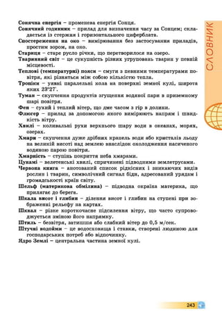 Сонячна енергія - променева енергія Сонця.
Сонячний годинник - прилад для визначення часу за Сонцем; скла­
дається із стержня і горизонтального циферблата.
Спостереження на око - вимірювання без застосування приладів,
простим зором, на око.
Стариця - старе русло річки, що перетворилося на озеро.
Тваринний світ - це сукупність різних угруповань тварин у певній
місцевості.
Теплові (температурні) пояси - смуги з певними температурами по­
вітря, які різняться між собою кількістю тепла.
Тропіки - уявні паралельні кола на поверхні земної кулі, широта
яких 23°27’.
Туман - скупчення продуктів згущення водяної пари в приземному
шарі повітря.
Фен - сухий і теплий вітер, що дме часом з гір в долини.
Флюгер - прилад за допомогою якого вимірюють напрям і швид­
кість вітру.
Хвилі - коливальні рухи верхнього шару води в океанах, морях,
озерах.
Хмари - скупчення дуже дрібних крапель води або кристалів льоду
на великій висоті над землею внаслідок охолодження насиченого
водяною парою повітря.
Хмарність - ступінь покриття неба хмарами.
Цунамі - велетенські хвилі, спричинені підводними землетрусами.
Червона книга - анотований список рідкісних і зникаючих видів
рослин і тварин, символічний сигнал біди, адресований урядам і
громадськості країн світу.
Шельф (материкова обмілина) - підводна окраїна материка, що
прилягає до берега.
Шкала висот і глибин - ділення висот і глибин на ступені при зо­
браженні рельєфу на картах.
Шквал - різке короткочасне підсилення вітру, що часто супрово­
джується зміною його напрямку.
Штиль - безвітря, затишшя або слабкий вітер до 0,5 м/сек.
Штучні водойми - це водосховища і ставки, створені людиною для
господарських потреб або відпочинку.
Ядро Землі - центральна частина земної кулі.
243 у*
СЛОВНИК
 