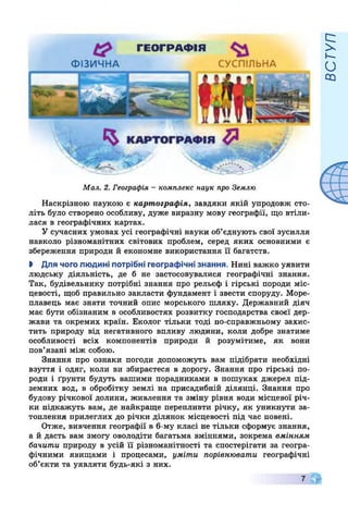 ФІЗИЧНА
ГЕОГРАФІЯ
СУСПІЛЬНА
Мал. 2. Географія - комплекс наук про Землю
Наскрізною наукою є картографія, завдяки якій упродовж сто­
літь було створено особливу, дуже виразну мову географії, що втіли­
лася в географічних картах.
У сучасних умовах усі географічні науки об’єднують свої зусилля
навколо різноманітних світових проблем, серед яких основними є
збереження природи й економне використання її багатств.
І Для чого людині потрібні географічні знання. Нині важко уявити
людську діяльність, де б не застосовувалися географічні знання.
Так, будівельнику потрібні знання про рельєф і гірські породи міс­
цевості, щоб правильно закласти фундамент і звести споруду. Море­
плавець має знати точний опис морського шляху. Державний діяч
має бути обізнаним в особливостях розвитку господарства своєї дер­
жави та окремих країн. Еколог тільки тоді по-справжньому захис­
тить природу від негативного впливу людини, коли добре знатиме
особливості всіх компонентів природи й розумітиме, як вони
пов’язані між собою.
Знання про ознаки погоди допоможуть вам підібрати необхідні
взуття і одяг, коли ви збираєтеся в дорогу. Знання про гірські по­
роди і ґрунти будуть вашими порадниками в пошуках джерел під­
земних вод, в обробітку землі на присадибній ділянці. Знання про
будову річкової долини, живлення та зміну рівня води місцевої річ­
ки підкажуть вам, де найкраще перепливти річку, як уникнути за­
топлення прилеглих до річки ділянок місцевості під час повені.
Отже, вивчення географії в 6-му класі не тільки сформує знання,
а й дасть вам змогу оволодіти багатьма вміннями, зокрема вмінням
бачити природу в усій її різноманітності та спостерігати за геогра­
фічними явищами і процесами, уміти порівнювати географічні
об’єкти та уявляти будь-які з них.
ВСТУП
 