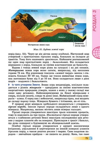 Гірська область
Рівнина
Осадові породи
і р Я Р ^
Базальт
Материкова земна кора
Океанічна
земна кора
Мал. 51. Будова земної кори
порід (мал. 51). Через це він дістав назву осадовий. Наступний шар
утворений з кристалічних гірських порід, близьких за складом до
гранітів. Тому його називають гранітним. Найнижче розташований
ще один шар кристалічних порід - базальтовий. Він складається
переважно з порід, близьких за своїми властивостями до базальтів.
Будова і товща земної кори різна на суходолі і на дні океанів.
Материкова земна кора може сягати, наприклад, під високими
горами 75 км. Під рівнинами товщина «земної тверді» менша і ста­
новить близько 30-40 км. Однак ще тонша океанічна земна кора,
яка завтовшки буває від 5 до 10 км. Вона складається лише з двох
шарів - осадового і базальтового.
І Із чого утворена Земля. Земна кора неоднорідна, оскільки скла­
дається з різних мінералів - однорідних за своїми властивостями
неорганічних природних утворів, кожен з яких у своєму складі має
лише одну речовину. Найпоширенішими на Землі мінералами є
кварц, польові шпати, слюда та деякі інші. Найміцніший серед міне­
ралів - алмаз. Є серед них і небезпечні, наприклад сірка, яка входить
до складу пороху тощо. Мінерали бувають і їстівними, як-от сіль.
У природі різні мінерали здебільшого поєднуються і утворюють
гірські породи. Інколи гірські породи складаються лише з одного
мінералу. Наприклад, вапняк містить лише мінерал кальцит.
Гірські породи утворюються внаслідок трьох основних процесів,
тому їх поділяють на три групи. Магматичні гірські породи утворю­
ються з глибинних речовин Землі внаслідок охолодження цих речо­
вин у надрах планети або на поверхні. Прикладом є граніт і базальт,
що дуже поширені в будівництві як облицювальний камінь.
Осадові гірські породи утворюються у процесі накопичення
(осідання), ущільнення й перетворення на земній поверхні уламків
гірських порід, а також решток рослин і тварин. Саме осадовою по­
родою - звичайною крейдою - ви пишете на дошці. Вона, так само
75
 