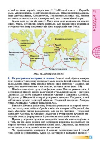 вглиб сягають верхніх шарів мантії. Найбільші плити - Євразій­
ська, Африканська, Північноамериканська, Південноамериканська,
Індо-Австралійська, Антарктична, Тихоокеанська (мал. 52). Майже
всі вони складаються як з материкової, так і з океанічної кори.
Земна кора легша від мантії. Тому вона наче «плаває» на астено­
сфері. Отже, літосферні плити повільно, але безперервно рухаються
в горизонтальному напрямку під дією внутрішніх сил Землі.
І Як утворилися материки та океани. Звичні нині обриси матери­
ків і океанів у далекому минулому мали зовсім інший вигляд. Понад
півмільярда років тому існував тільки один материк - Пангея, що
грецькою мовою означає «вся земля», та один океан (мал. 53).
Пізніше внаслідок руху літосферних плит Пангея розкололася, і
в Північній півкулі виник величезний суходільний масив - материк
Лавразія. До нього входили нинішня Євразія і Північна Америка.
Водночас у Південній півкулі утворився материк Гондвана, який
об’єднував сучасні території Африки, Південної Америки, Антарк­
тиди, Австралії і частину Південної Азії.
Близько 250 млн років тому Гондвана розпалася на окремі части­
ни, які поступово набули обрисів нинішніх материків Південної пів­
кулі. Лавразія також розкололася, але на дві частини - теперішні
Північну Америку та Євразію. Водночас з утворенням сучасних ма­
териків почали формуватися й улоговини нинішніх океанів.
Процес утворення сучасних материків і океанів можна порівняти
з тим, як під дією певних сил величезна крижина розкололася на
окремі частини і вони попливли в різні боки. Ополонки, що виникли
після цього, стали океанічними западинами.
Чи продовжують материки й океани переміщуватися і тепер?
Так, вони не зупинились. Адже всі материки й западини океанів -
Мал. 52. Літосферні плити
77 Р
РОЗАІЛЗ
 