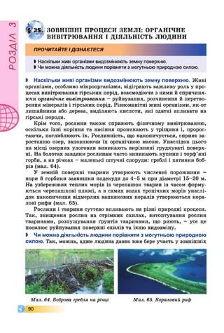£УіУВОв
Ф
ю і ЗОВНІШНІ ПРОЦЕСИ ЗЕМЛІ: ОРГАНІЧНЕ
ВИВІТРЮВАННЯ І ДІЯЛЬНІСТЬ людини
ПРОЧИТАЙТЕІДІЗНАЄТЕСЯ
>Наскільки живі організми видозмінюють земну поверхню.
І Чи можна діяльність людини порівняти з могутньою природноюсилою.
І Наскільки живі організми видозмінюють земну поверхню. Живі
організми, особливо мікроорганізми, відіграють важливу роль у про­
цесах вивітрювання гірських порід, взаємодіючи з ними й спричиня­
ючи органічне вивітрювання - руйнування, розчинення й перетво­
рення мінералів і гірських порід. Різноманітні живі організми, як-от
лишайники або дерева, виділяють кислоти, які здатні впливати на
гірські породи.
Крім того, рослини також сприяють фізичному вивітрюванню,
оскільки їхні коріння та насіння проникають у тріщини і, пророс­
таючи, поглиблюють їх. Рослинність, що накопичується, сприяє за­
ростанню озер, заповнюючи їх органічною масою. Унаслідок цього
на місці озерних улоговин виникають вирівняні грудкуваті поверх­
ні. На болотах завдяки рослинам часто виникають купини і торф’яні
горби, а на річках - маленькі штучні споруди: греблі і хатинки боб­
рів (мал. 64).
У земній поверхні тварини утворюють численні порожнини -
нори й горбики заввишки подекуди до 4-5 м при діаметрі 15-20 м.
На узбережжях теплих морів із черепашок тварин із часом форму­
ються черепашкові пляжі, а в самих водах тропічних морів унаслі­
док накопичення відмерлих вапнякових коралів утворюються кора­
лові рифи (мал. 65).
Рослини і тварини суттєво впливають на різні природні процеси.
Так, знищення рослин на стрімких схилах, витоптування рослин
тваринами, розпушування ґрунтів тваринами, що риють, - усе це
посилює руйнування поверхні схилів та їхню видозміну.
І Чи можна діяльність людини порівняти з могутньою природною
силою. Так, можна, адже людина давно вже бере участь у зовнішніх
Г
Мал. 64. Боброва гребля на річці
90
Мал. 65. Кораловий риф
 