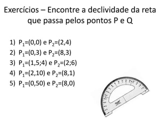 Exercícios – Encontre a declividade da reta
que passa pelos pontos P e Q
1)
2)
3)
4)
5)

P1=(0,0) e P2=(2,4)
P1=(0,3) e P2=(8,3)
P1=(1,5;4) e P2=(2;6)
P1=(2,10) e P2=(8,1)
P1=(0,50) e P2=(8,0)

 