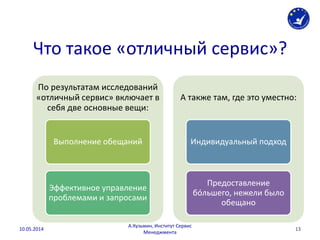 Что такое «отличный сервис»?
По результатам исследований
«отличный сервис» включает в
себя две основные вещи:
Выполнение обещаний
Эффективное управление
проблемами и запросами
А также там, где это уместно:
Индивидуальный подход
Предоставление
бóльшего, нежели было
обещано
1310.05.2014
А.Кузьмин, Институт Сервис
Менеджмента
 