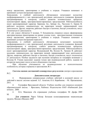 между предметами, ориентировка в учебнике и тетради. Учащиеся понимают и
принимают устную инструкцию взрослого.
Затруднения, в учебной деятельности обучающиеся испытывают вследствие
несформированности у них произвольной регуляции деятельности (снижение функций
программирования и контроля), слабого развития познавательных процессов,
психомоторной сферы, пространственно-временных представлений. Работоспособность
носит кратковременный характер. Беренева Ан., Бейдер Ан., Частухин С, Ершов В.
работают медленно, невнимательно, им характерен низкий, неравномерный темп
деятельности. Другие, напротив, работают быстро и хаотично, быстро утомляются, могут
отключаться от деятельности.
В 6 «Д» классе обучается 8 человек. У большинства учащихся класса сформированы
пространственные ориентировки на уровне «схемы тела», пространственные отношения
между предметами, ориентировка в учебнике и тетради. Учащиеся понимают и
принимают устную инструкцию взрослого.
Затруднения, в учебной деятельности обучающиеся испытывают вследствие
несформированности у них произвольной регуляции деятельности (снижение функций
программирования и контроля), слабого развития познавательных процессов,
психомоторной сферы, пространственно-временных представлений. Работоспособность
носит кратковременный характер. Волкановский Ян, Козлов Н., Трошин В. работают
медленно, невнимательно, им характерен низкий, неравномерный темп деятельности.
Другие, напротив, работают быстро и хаотично, быстро утомляются, могут отключаться
от деятельности. Особые трудности при изучении материала по географии возникают у
Козлова Н. Ученик выполняет задания только при индивидуальной работе, задания по
алгоритму выполняет после устного объяснения и частями.
При обучении учитываются их индивидуальные и психологические
особенности, которые отражены в приложении № 1.
Система оценки достижений планируемых результатов смотри в приложении
№ 2.
Дополнительная литература:
• Формирование универсальных учебных действий в основной школе: от
действий к мысли: система заданий. А.Г. Асмолов, О.А. Карабанова. – М.: Просвещение,
2011.
• География Ярославской области: Учебное пособие для учащихся основной
образовательной школы. – Ярославль, Рыбинск: Издательство ОАО «Рыбинский Дом
печати», 2008.
• Н.А. Максимов «За страницами учебника географии» М: Дрофа 2005
М:
Для учащихся: Чарлз Тейлор. Большая иллюстрированная энциклопедия
эрудита. Москва «Махаон» 2005
 