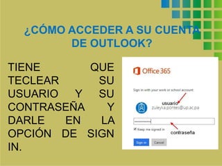 ¿CÓMO ACCEDER A SU CUENTA
DE OUTLOOK?
TIENE QUE
TECLEAR SU
USUARIO Y SU
CONTRASEÑA Y
DARLE EN LA
OPCIÓN DE SIGN
IN.
 