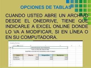 OPCIONES DE TABLAS
CUANDO USTED ABRE UN ARCHIVO
DESDE EL ONEDRIVE, TIENE QUE
INDICARLE A EXCEL ONLINE DONDE
LO VA A MODIFICAR, SI EN LÍNEA O
EN SU COMPUTADORA.
 