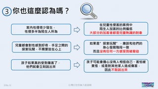 2016/11 台灣反性別暴力資源網
你也這麼認為嗎？３
家內性侵很少發生，
性侵多半為陌生人所為
兒童都會對性感到好奇，手足之間的
探索玩鬧，不需要放在心上
孩子如果真的受到傷害了，
他們就會立刻說出來
在兒童性侵害的案例中
陌生人加害的比例偏低
大部分的加害者都是兒童熟識的對象
如果是”探索玩鬧”，應該和他們的
身心發展階段一致
而且沒有任何一方感受到被脅迫
孩子可能會擔心沒有人相信自己、害怕被
責怪，或是對其他家人造成傷害，
因此不敢說出來
 