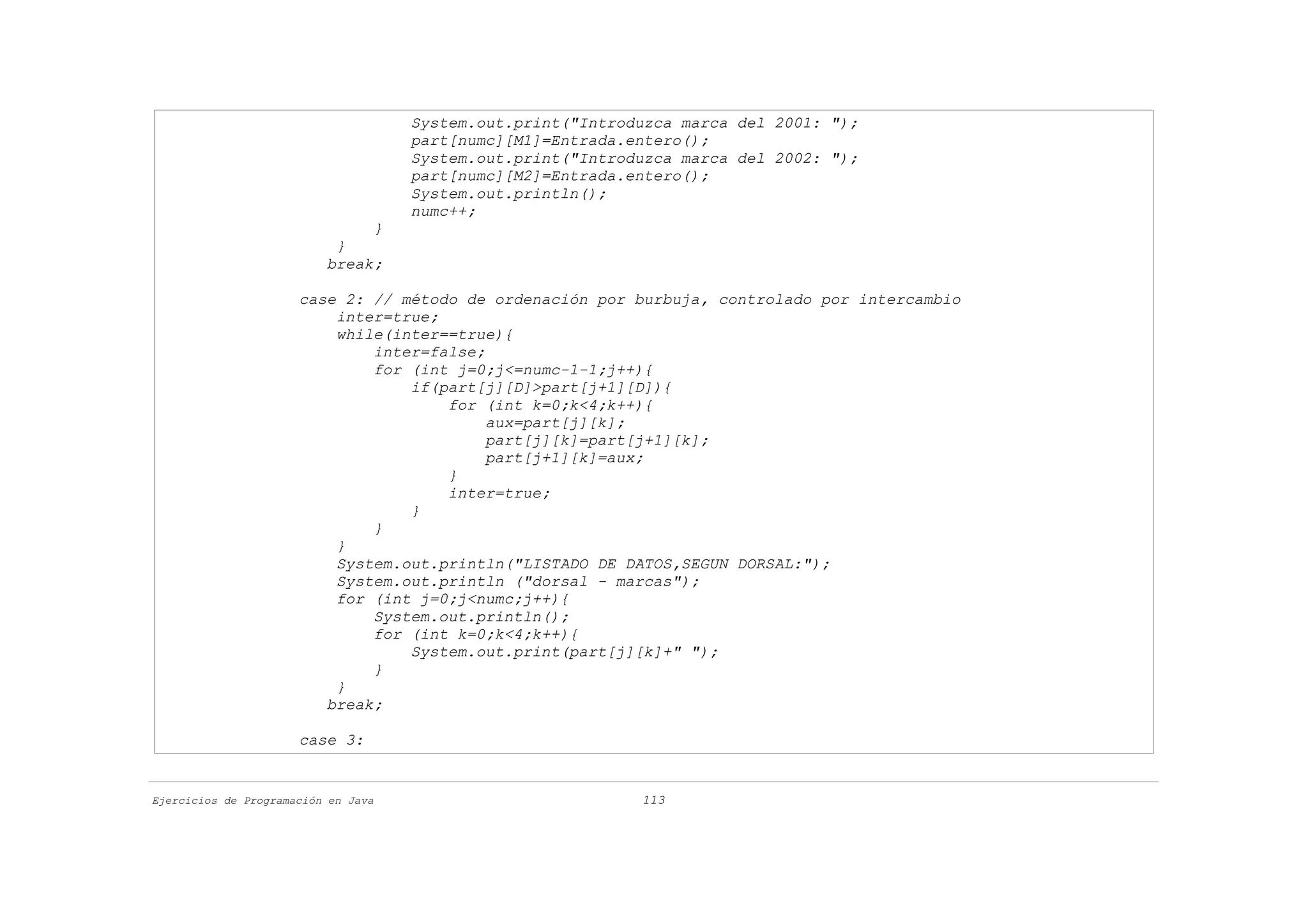 System.out.print("Introduzca marca del 2001: ");
                                     part[numc][M1]=Entrada.entero();
                                     System.out.print("Introduzca marca del 2002: ");
                                     part[numc][M2]=Entrada.entero();
                                     System.out.println();
                                     numc++;
                               }
                           }
                          break;

                      case 2: // método de ordenación por burbuja, controlado por intercambio
                          inter=true;
                          while(inter==true){
                              inter=false;
                              for (int j=0;j<=numc-1-1;j++){
                                  if(part[j][D]>part[j+1][D]){
                                      for (int k=0;k<4;k++){
                                           aux=part[j][k];
                                           part[j][k]=part[j+1][k];
                                           part[j+1][k]=aux;
                                      }
                                      inter=true;
                                  }
                              }
                          }
                          System.out.println("LISTADO DE DATOS,SEGUN DORSAL:");
                          System.out.println ("dorsal - marcas");
                          for (int j=0;j<numc;j++){
                              System.out.println();
                              for (int k=0;k<4;k++){
                                  System.out.print(part[j][k]+" ");
                              }
                          }
                         break;

                      case 3:


Ejercicios de Programación en Java                           113
 