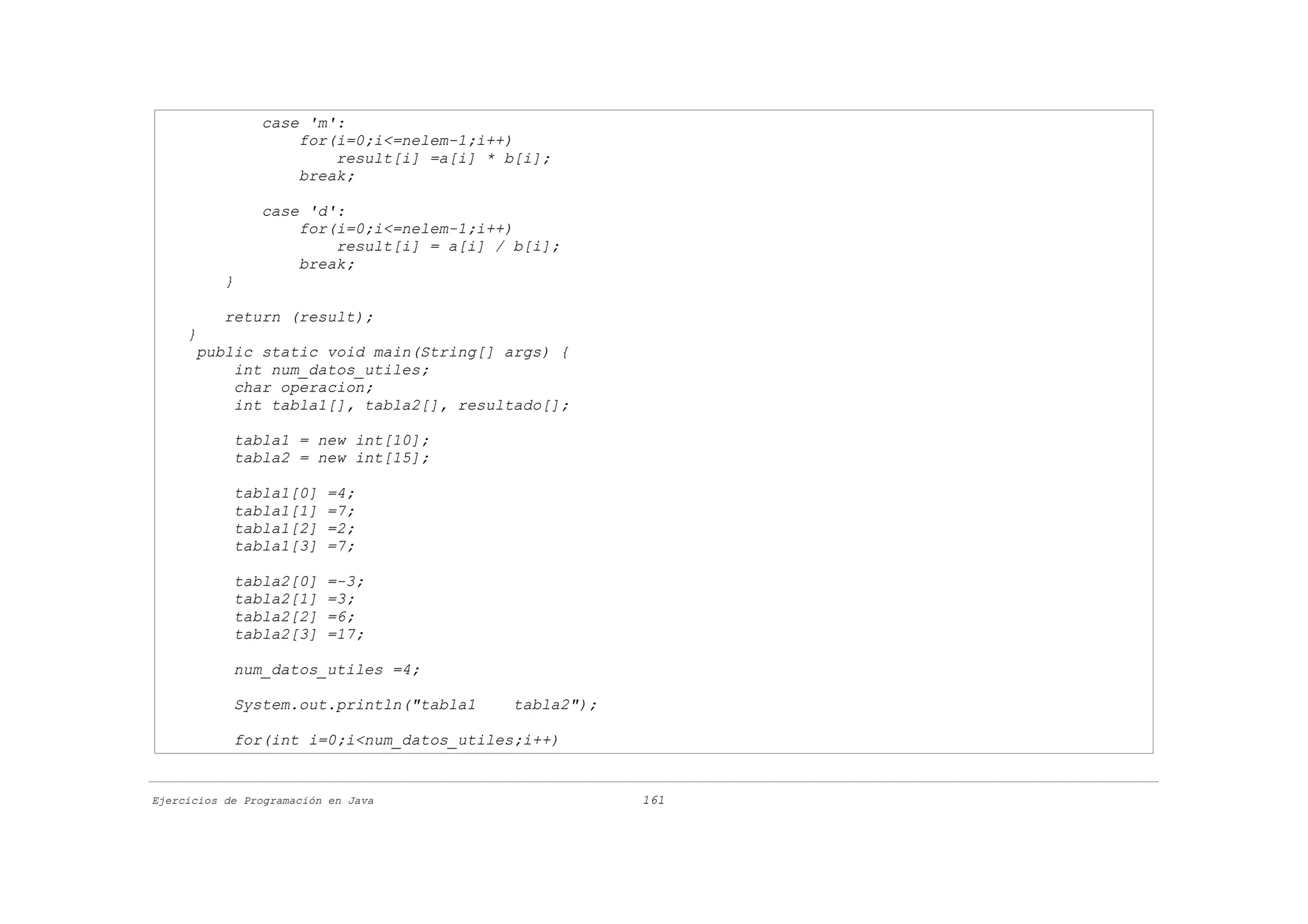 case 'm':
                    for(i=0;i<=nelem-1;i++)
                        result[i] =a[i] * b[i];
                    break;

                case 'd':
                    for(i=0;i<=nelem-1;i++)
                        result[i] = a[i] / b[i];
                    break;
           }

           return (result);
     }
      public static void main(String[] args) {
          int num_datos_utiles;
          char operacion;
          int tabla1[], tabla2[], resultado[];

            tabla1 = new int[10];
            tabla2 = new int[15];

            tabla1[0]     =4;
            tabla1[1]     =7;
            tabla1[2]     =2;
            tabla1[3]     =7;

            tabla2[0]     =-3;
            tabla2[1]     =3;
            tabla2[2]     =6;
            tabla2[3]     =17;

            num_datos_utiles =4;

            System.out.println("tabla1     tabla2");

            for(int i=0;i<num_datos_utiles;i++)


Ejercicios de Programación en Java                     161
 