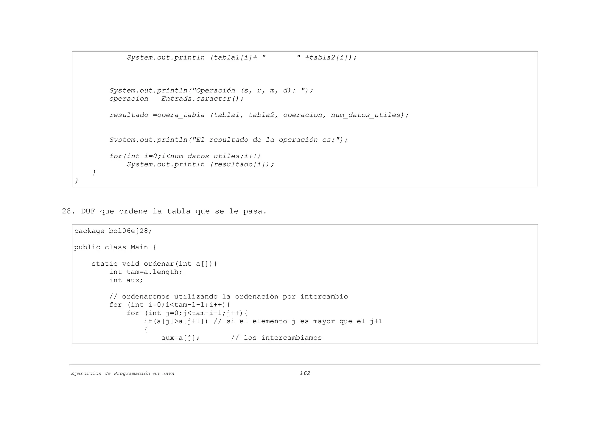 System.out.println (tabla1[i]+ "     " +tabla2[i]);



             System.out.println("Operación (s, r, m, d): ");
             operacion = Entrada.caracter();

             resultado =opera_tabla (tabla1, tabla2, operacion, num_datos_utiles);


             System.out.println("El resultado de la operación es:");

             for(int i=0;i<num_datos_utiles;i++)
                 System.out.println (resultado[i]);
       }
  }



28. DUF que ordene la tabla que se le pasa.

  package bol06ej28;

  public class Main {

       static void ordenar(int a[]){
           int tam=a.length;
           int aux;

             // ordenaremos utilizando la ordenación por intercambio
             for (int i=0;i<tam-1-1;i++){
                 for (int j=0;j<tam-i-1;j++){
                     if(a[j]>a[j+1]) // si el elemento j es mayor que el j+1
                     {
                         aux=a[j];        // los intercambiamos



 Ejercicios de Programación en Java                     162
 