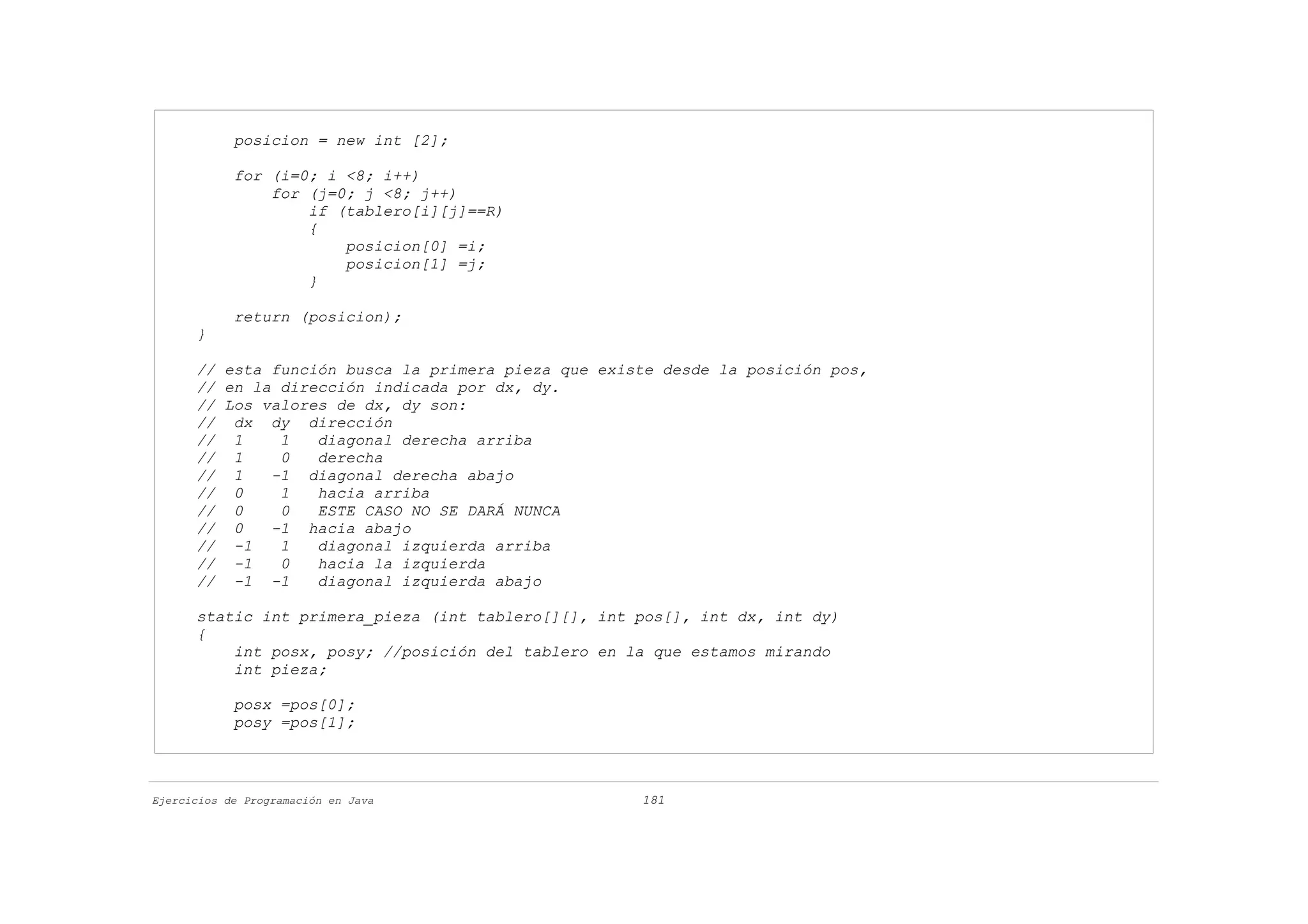 posicion = new int [2];

            for (i=0; i <8; i++)
                for (j=0; j <8; j++)
                    if (tablero[i][j]==R)
                    {
                        posicion[0] =i;
                        posicion[1] =j;
                    }

            return (posicion);
      }

      // esta función busca la primera pieza que existe desde la posición pos,
      // en la dirección indicada por dx, dy.
      // Los valores de dx, dy son:
      // dx dy dirección
      // 1     1   diagonal derecha arriba
      // 1     0   derecha
      // 1    -1 diagonal derecha abajo
      // 0     1   hacia arriba
      // 0     0   ESTE CASO NO SE DARÁ NUNCA
      // 0    -1 hacia abajo
      // -1    1   diagonal izquierda arriba
      // -1    0   hacia la izquierda
      // -1 -1     diagonal izquierda abajo

      static int primera_pieza (int tablero[][], int pos[], int dx, int dy)
      {
          int posx, posy; //posición del tablero en la que estamos mirando
          int pieza;

            posx =pos[0];
            posy =pos[1];



Ejercicios de Programación en Java                   181
 