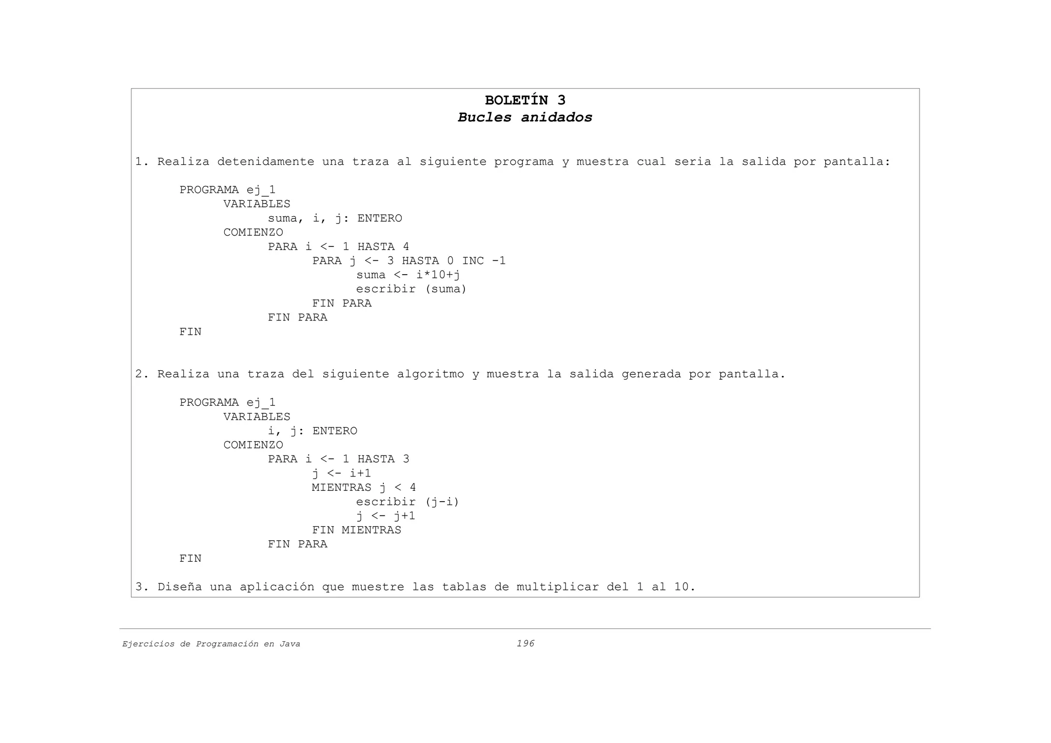 BOLETÍN 3
                                               Bucles anidados

  1. Realiza detenidamente una traza al siguiente programa y muestra cual seria la salida por pantalla:

          PROGRAMA ej_1
                VARIABLES
                      suma, i, j: ENTERO
                COMIENZO
                      PARA i <- 1 HASTA 4
                            PARA j <- 3 HASTA 0 INC -1
                                  suma <- i*10+j
                                  escribir (suma)
                            FIN PARA
                      FIN PARA
          FIN


  2. Realiza una traza del siguiente algoritmo y muestra la salida generada por pantalla.

          PROGRAMA ej_1
                VARIABLES
                      i, j: ENTERO
                COMIENZO
                      PARA i <- 1 HASTA 3
                            j <- i+1
                            MIENTRAS j < 4
                                  escribir (j-i)
                                  j <- j+1
                            FIN MIENTRAS
                      FIN PARA
          FIN

  3. Diseña una aplicación que muestre las tablas de multiplicar del 1 al 10.



Ejercicios de Programación en Java                       196
 