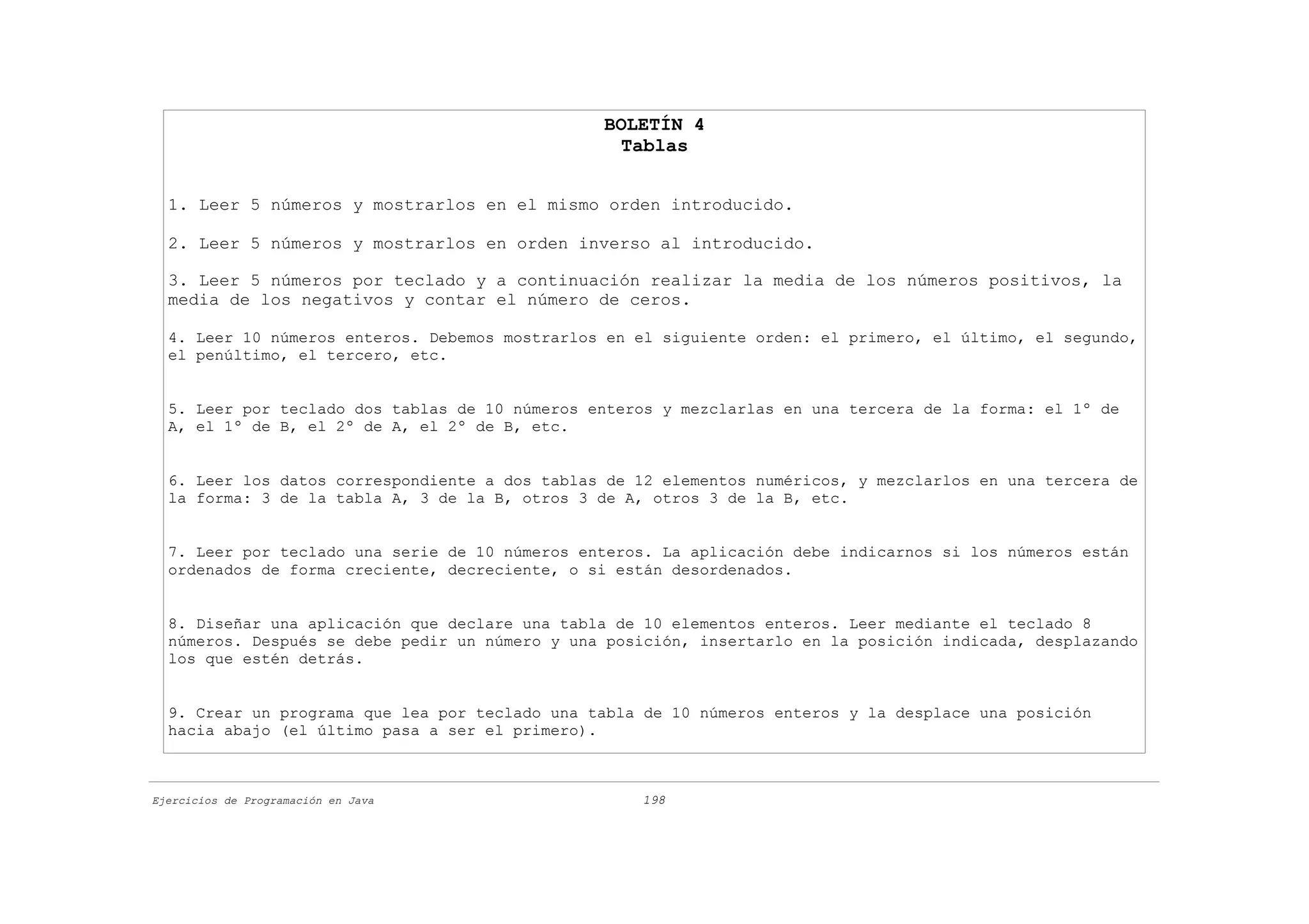 BOLETÍN 4
                                                  Tablas


  1. Leer 5 números y mostrarlos en el mismo orden introducido.

  2. Leer 5 números y mostrarlos en orden inverso al introducido.

  3. Leer 5 números por teclado y a continuación realizar la media de los números positivos, la
  media de los negativos y contar el número de ceros.

  4. Leer 10 números enteros. Debemos mostrarlos en el siguiente orden: el primero, el último, el segundo,
  el penúltimo, el tercero, etc.


  5. Leer por teclado dos tablas de 10 números enteros y mezclarlas en una tercera de la forma: el 1º de
  A, el 1º de B, el 2º de A, el 2º de B, etc.


  6. Leer los datos correspondiente a dos tablas de 12 elementos numéricos, y mezclarlos en una tercera de
  la forma: 3 de la tabla A, 3 de la B, otros 3 de A, otros 3 de la B, etc.


  7. Leer por teclado una serie de 10 números enteros. La aplicación debe indicarnos si los números están
  ordenados de forma creciente, decreciente, o si están desordenados.


  8. Diseñar una aplicación que declare una tabla de 10 elementos enteros. Leer mediante el teclado 8
  números. Después se debe pedir un número y una posición, insertarlo en la posición indicada, desplazando
  los que estén detrás.


  9. Crear un programa que lea por teclado una tabla de 10 números enteros y la desplace una posición
  hacia abajo (el último pasa a ser el primero).



Ejercicios de Programación en Java                  198
 
