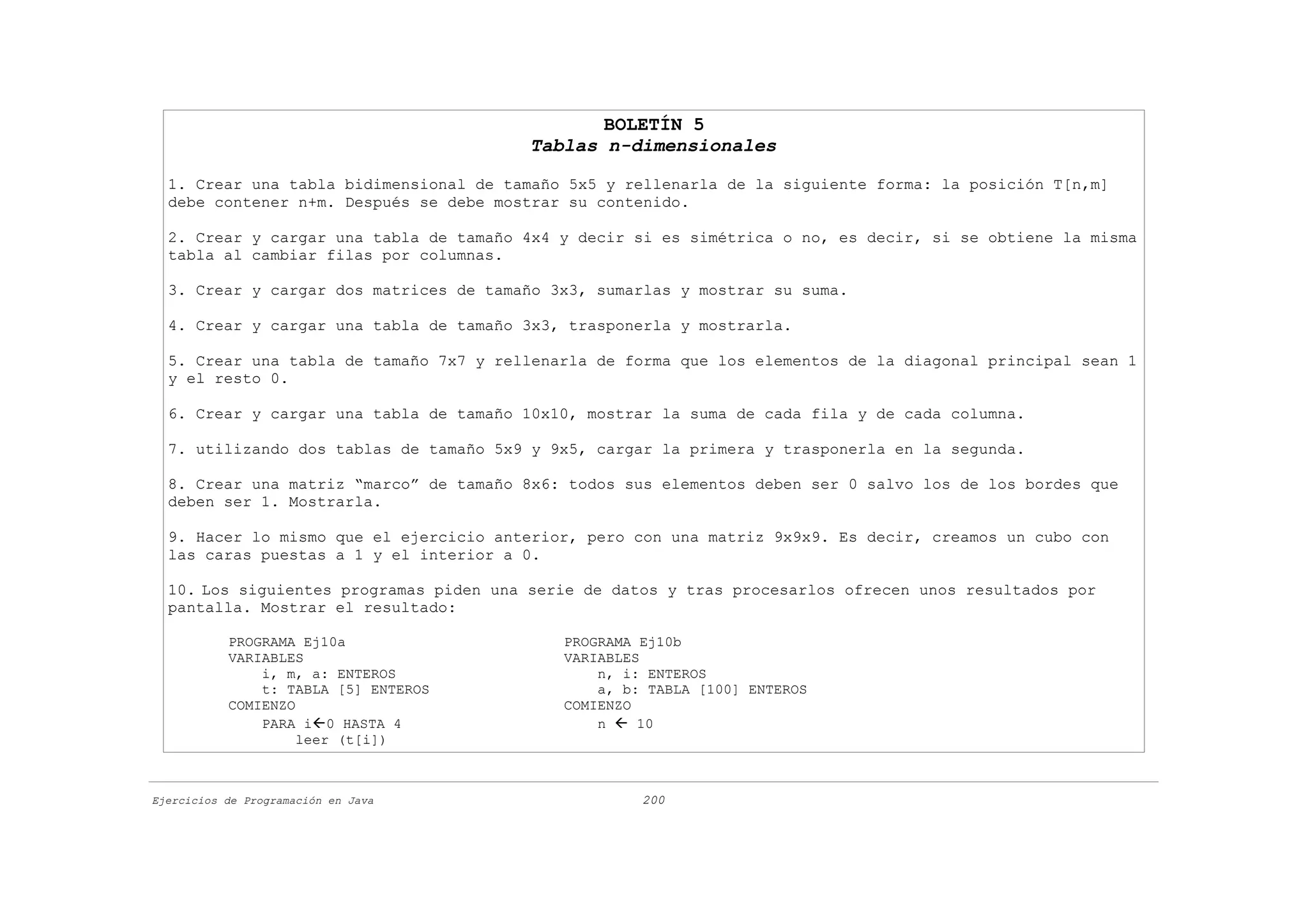 BOLETÍN 5
                                         Tablas n-dimensionales

  1. Crear una tabla bidimensional de tamaño 5x5 y rellenarla de la siguiente forma: la posición T[n,m]
  debe contener n+m. Después se debe mostrar su contenido.

  2. Crear y cargar una tabla de tamaño 4x4 y decir si es simétrica o no, es decir, si se obtiene la misma
  tabla al cambiar filas por columnas.

  3. Crear y cargar dos matrices de tamaño 3x3, sumarlas y mostrar su suma.

  4. Crear y cargar una tabla de tamaño 3x3, trasponerla y mostrarla.

  5. Crear una tabla de tamaño 7x7 y rellenarla de forma que los elementos de la diagonal principal sean 1
  y el resto 0.

  6. Crear y cargar una tabla de tamaño 10x10, mostrar la suma de cada fila y de cada columna.

  7. utilizando dos tablas de tamaño 5x9 y 9x5, cargar la primera y trasponerla en la segunda.

  8. Crear una matriz “marco” de tamaño 8x6: todos sus elementos deben ser 0 salvo los de los bordes que
  deben ser 1. Mostrarla.

  9. Hacer lo mismo que el ejercicio anterior, pero con una matriz 9x9x9. Es decir, creamos un cubo con
  las caras puestas a 1 y el interior a 0.

  10. Los siguientes programas piden una serie de datos y tras procesarlos ofrecen unos resultados por
  pantalla. Mostrar el resultado:

           PROGRAMA Ej10a                   PROGRAMA Ej10b
           VARIABLES                        VARIABLES
               i, m, a: ENTEROS                 n, i: ENTEROS
               t: TABLA [5] ENTEROS             a, b: TABLA [100] ENTEROS
           COMIENZO                         COMIENZO
               PARA i0 HASTA 4                 n  10
                    leer (t[i])



Ejercicios de Programación en Java                   200
 