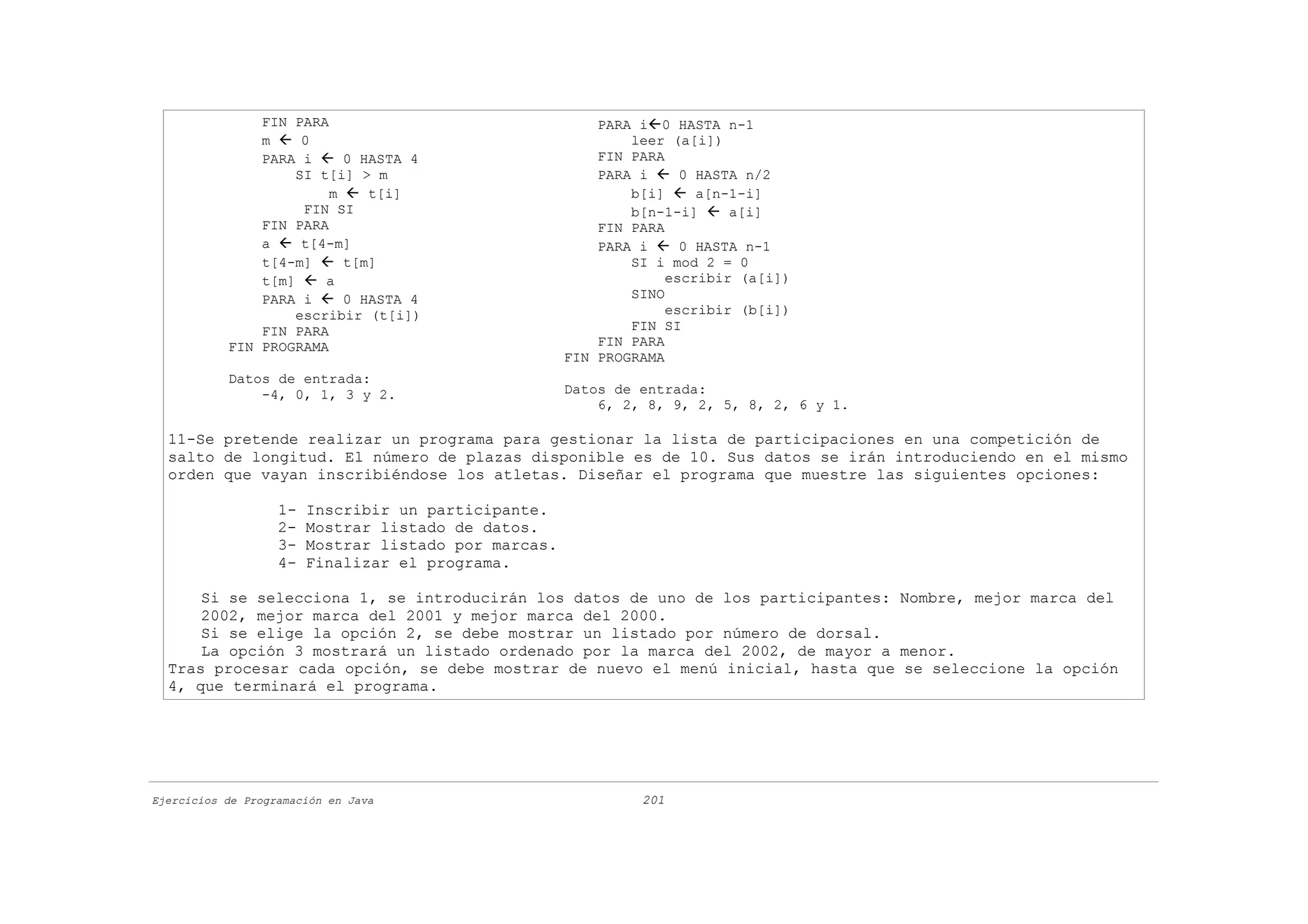 FIN PARA                                   PARA i0 HASTA n-1
               m  0                                          leer (a[i])
               PARA i  0 HASTA 4                         FIN PARA
                   SI t[i] > m                            PARA i  0 HASTA n/2
                        m  t[i]                              b[i]  a[n-1-i]
                    FIN SI                                    b[n-1-i]  a[i]
               FIN PARA                                   FIN PARA
               a  t[4-m]                                 PARA i  0 HASTA n-1
               t[4-m]  t[m]                                  SI i mod 2 = 0
               t[m]  a                                            escribir (a[i])
               PARA i  0 HASTA 4                             SINO
                   escribir (t[i])                                 escribir (b[i])
               FIN PARA                                       FIN SI
           FIN PROGRAMA                                   FIN PARA
                                                      FIN PROGRAMA
           Datos de entrada:
               -4, 0, 1, 3 y 2.                       Datos de entrada:
                                                          6, 2, 8, 9, 2, 5, 8, 2, 6 y 1.

  11-Se pretende realizar un programa para gestionar la lista de participaciones en una competición de
  salto de longitud. El número de plazas disponible es de 10. Sus datos se irán introduciendo en el mismo
  orden que vayan inscribiéndose los atletas. Diseñar el programa que muestre las siguientes opciones:

                   1-   Inscribir un participante.
                   2-   Mostrar listado de datos.
                   3-   Mostrar listado por marcas.
                   4-   Finalizar el programa.

      Si se selecciona 1, se introducirán los datos de uno de los participantes: Nombre, mejor marca del
      2002, mejor marca del 2001 y mejor marca del 2000.
      Si se elige la opción 2, se debe mostrar un listado por número de dorsal.
      La opción 3 mostrará un listado ordenado por la marca del 2002, de mayor a menor.
  Tras procesar cada opción, se debe mostrar de nuevo el menú inicial, hasta que se seleccione la opción
  4, que terminará el programa.




Ejercicios de Programación en Java                             201
 