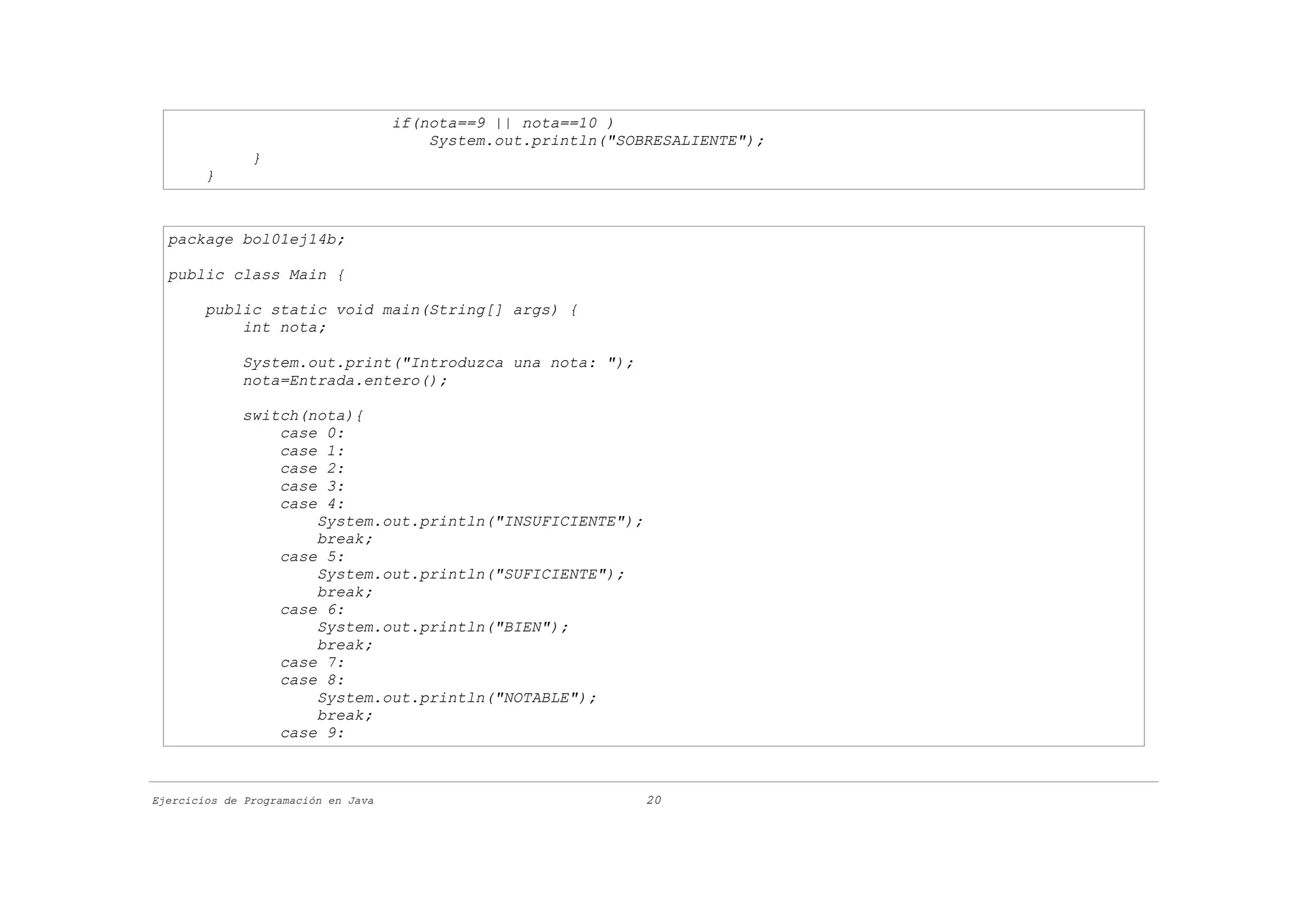 if(nota==9 || nota==10 )
                                         System.out.println("SOBRESALIENTE");
               }
        }



  package bol01ej14b;

  public class Main {

        public static void main(String[] args) {
            int nota;

             System.out.print("Introduzca una nota: ");
             nota=Entrada.entero();

             switch(nota){
                 case 0:
                 case 1:
                 case 2:
                 case 3:
                 case 4:
                     System.out.println("INSUFICIENTE");
                     break;
                 case 5:
                     System.out.println("SUFICIENTE");
                     break;
                 case 6:
                     System.out.println("BIEN");
                     break;
                 case 7:
                 case 8:
                     System.out.println("NOTABLE");
                     break;
                 case 9:



Ejercicios de Programación en Java                              20
 
