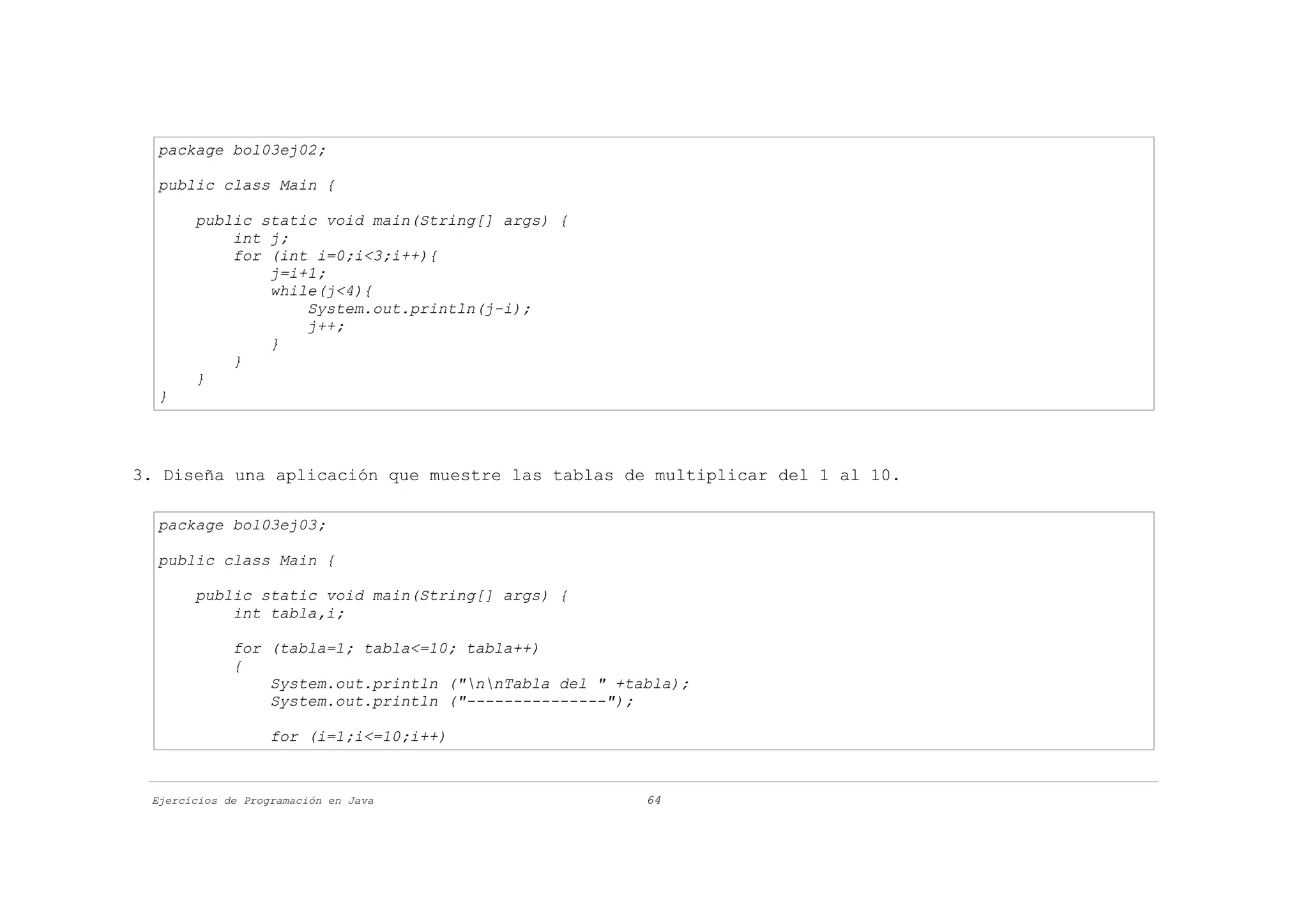 package bol03ej02;

  public class Main {

       public static void main(String[] args) {
           int j;
           for (int i=0;i<3;i++){
               j=i+1;
               while(j<4){
                   System.out.println(j-i);
                   j++;
               }
           }
       }
  }




3. Diseña una aplicación que muestre las tablas de multiplicar del 1 al 10.

  package bol03ej03;

  public class Main {

       public static void main(String[] args) {
           int tabla,i;

             for (tabla=1; tabla<=10; tabla++)
             {
                 System.out.println ("nnTabla del " +tabla);
                 System.out.println ("---------------");

                   for (i=1;i<=10;i++)



 Ejercicios de Programación en Java                      64
 