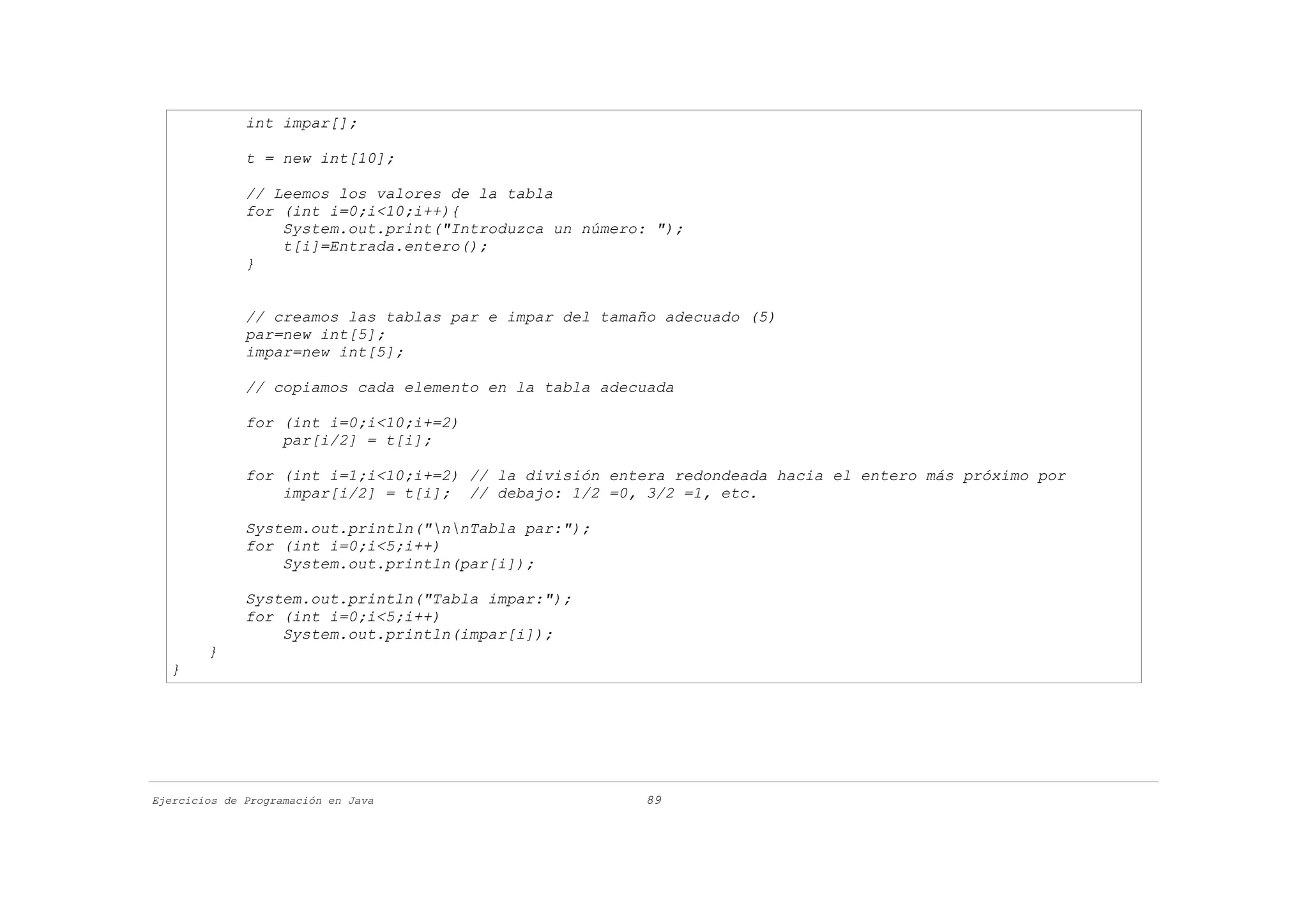 int impar[];

              t = new int[10];

              // Leemos los valores de la tabla
              for (int i=0;i<10;i++){
                  System.out.print("Introduzca un número: ");
                  t[i]=Entrada.entero();
              }


              // creamos las tablas par e impar del tamaño adecuado (5)
              par=new int[5];
              impar=new int[5];

              // copiamos cada elemento en la tabla adecuada

              for (int i=0;i<10;i+=2)
                  par[i/2] = t[i];

              for (int i=1;i<10;i+=2) // la división entera redondeada hacia el entero más próximo por
                  impar[i/2] = t[i]; // debajo: 1/2 =0, 3/2 =1, etc.

              System.out.println("nnTabla par:");
              for (int i=0;i<5;i++)
                  System.out.println(par[i]);

              System.out.println("Tabla impar:");
              for (int i=0;i<5;i++)
                  System.out.println(impar[i]);
        }
  }




Ejercicios de Programación en Java                      89
 