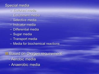 Special media
– Enriched media
– Enrichment media
– Selective media
– Indicator media
– Differential media
– Sugar media
–...
