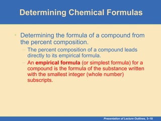 Presentation of Lecture Outlines, 3–18
Determining Chemical Formulas
• Determining the formula of a compound from
the percent composition.
– The percent composition of a compound leads
directly to its empirical formula.
– An empirical formula (or simplest formula) for a
compound is the formula of the substance written
with the smallest integer (whole number)
subscripts.
 
