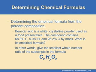 Presentation of Lecture Outlines, 3–19
Determining Chemical Formulas
• Determining the empirical formula from the
percent composition.
– Benzoic acid is a white, crystalline powder used as
a food preservative. The compound contains
68.8% C, 5.0% H, and 26.2% O by mass. What is
its empirical formula?
– In other words, give the smallest whole-number
ratio of the subscripts in the formula
Cx HyOz
 